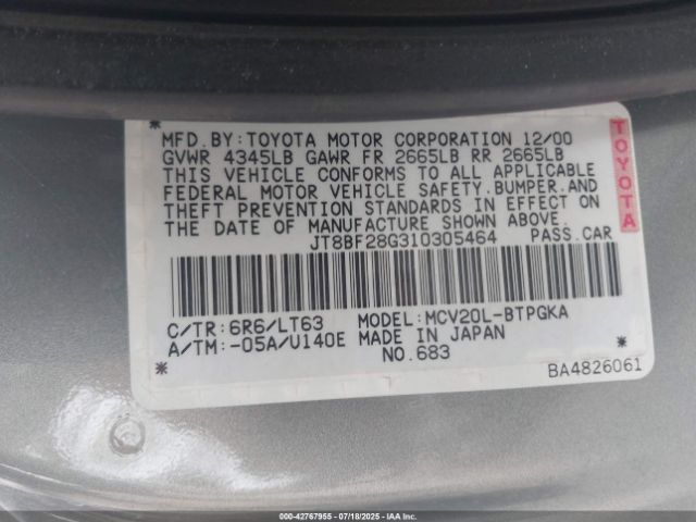 2001 LEXUS ES 300 JT8BF28G310305464 Photo 8