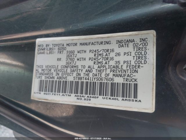 2000 TOYOTA TUNDRA 5TBBT4411YS067606 Photo 8