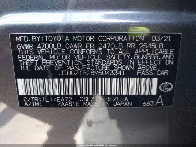 Lexus 2gr-fks 2021 JTHGZ1B28M5043341 Image 9
