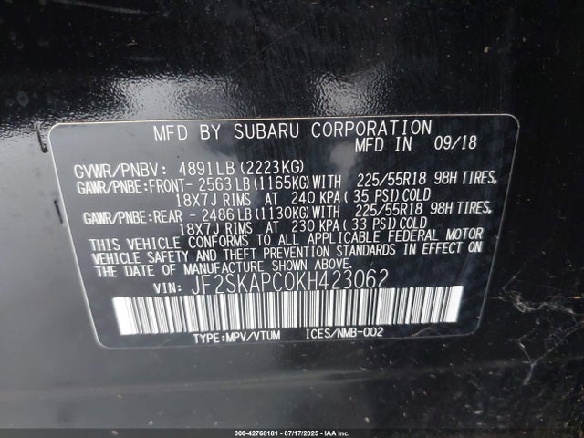 Subaru naturally aspirated u5 2019 JF2SKAPC0KH423062 Image 9