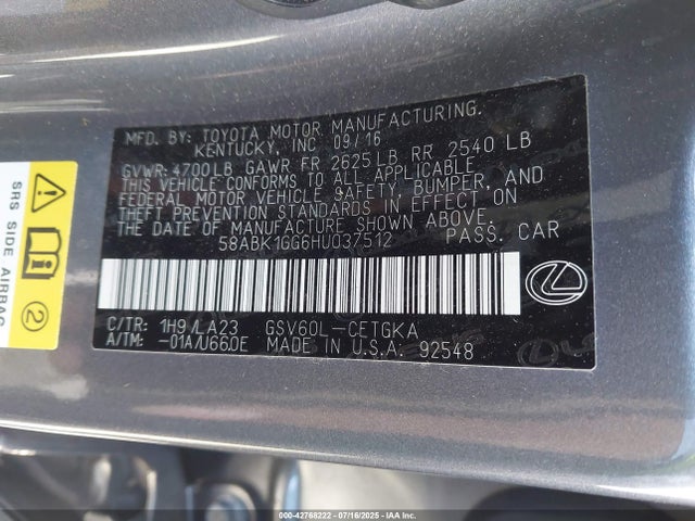 58ABK1GG6HU037512 Lexus 2gr-fe