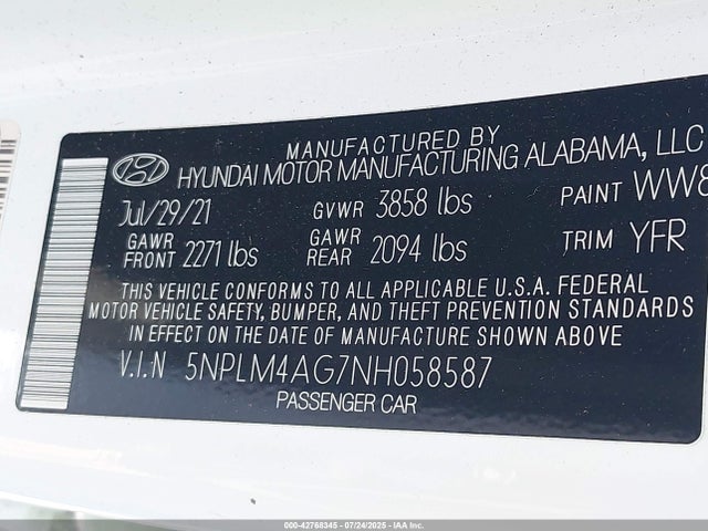 5NPLM4AG7NH058587 Hyundai mpi nu pe
