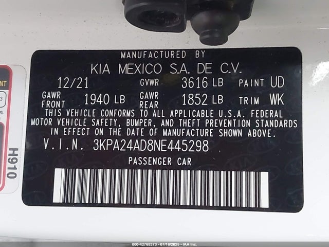 3KPA24AD8NE445298 KIA mpi gamma ii