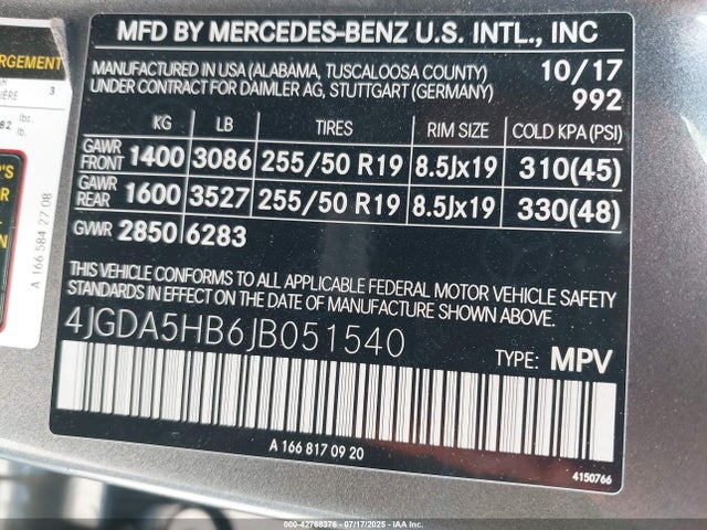 4JGDA5HB6JB051540 Mercedes-Benz m276