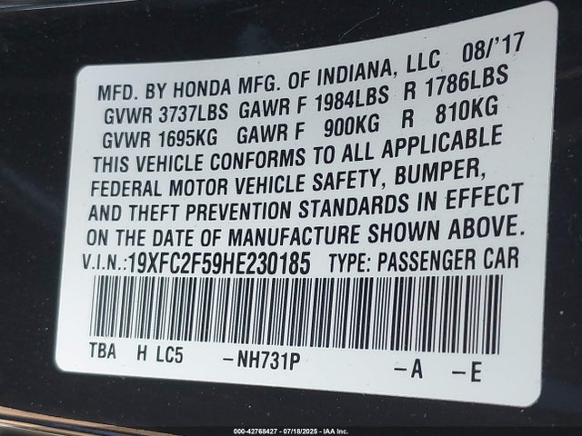 Honda k20c2 2017 19XFC2F59HE230185 Image 9