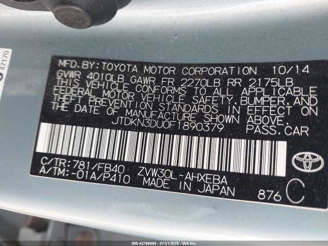 Toyota 2zr-fxe+3jm 2015 JTDKN3DU0F1890379 Image 9