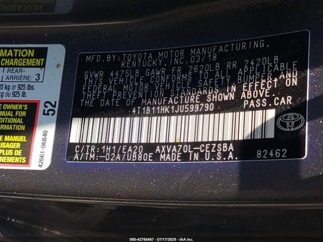 2018 TOYOTA CAMRY 4T1B11HK1JU599790 Photo 8