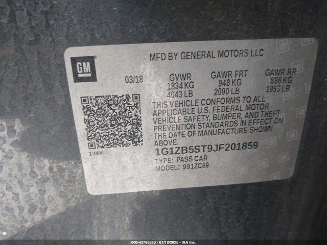 1G1ZB5ST9JF201859 Chevrolet lfv - direct injection, variable valve timing, gen 1