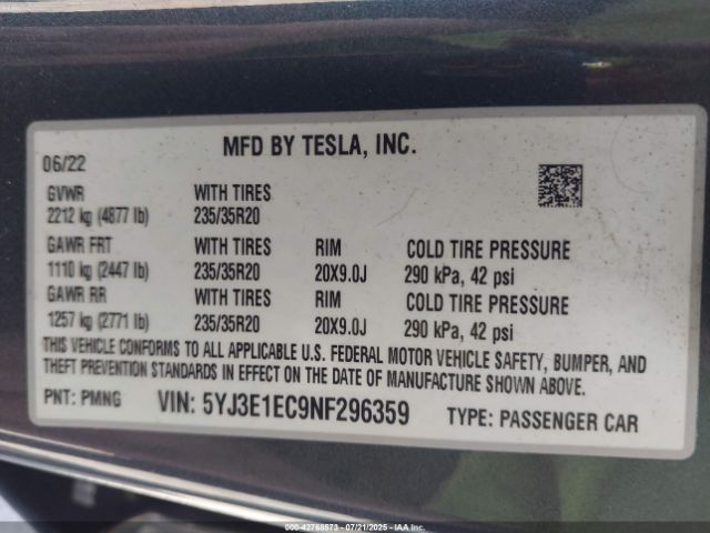2022 TESLA MODEL 3 5YJ3E1EC9NF296359 Photo 8