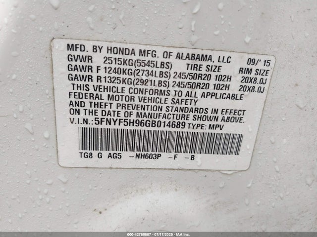 Honda j35y6 2016 5FNYF5H96GB014689 Image 9