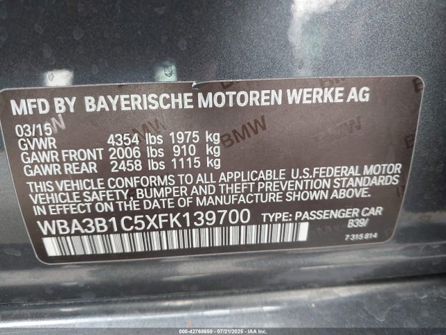 WBA3B1C5XFK139700 BMW 2015