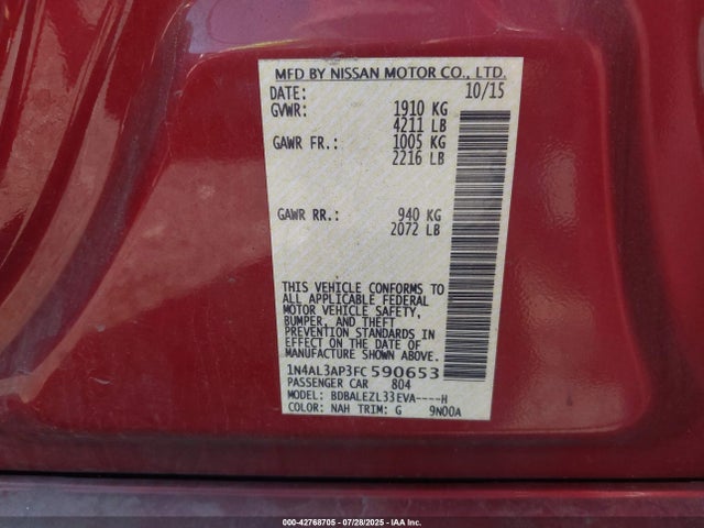 Aukcja sprzedaży 2015 Nissan Altima 2.5 S, vin: 1N4AL3AP3FC590653, numer aukcji: 42768705