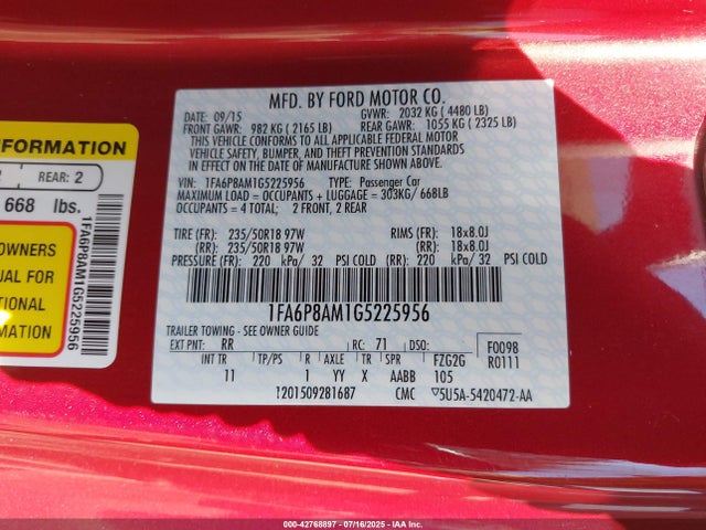 1FA6P8AM1G5225956 Ford 2016