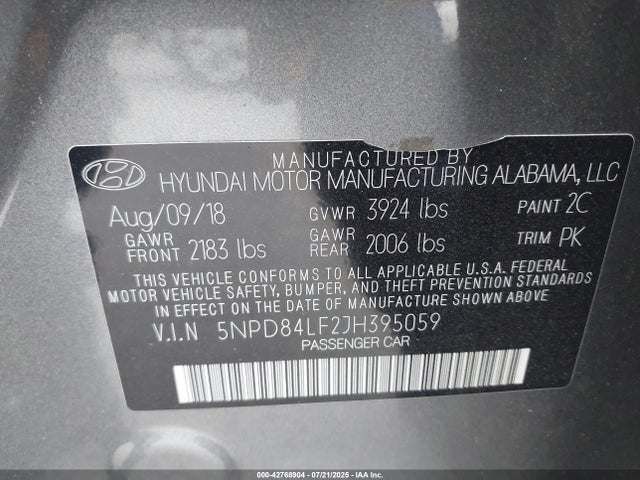 5NPD84LF2JH395059 Hyundai mpi nu