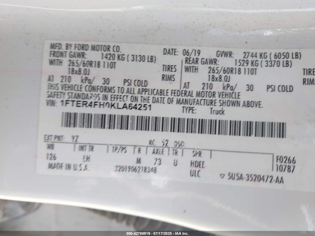 1FTER4FH0KLA64251 Ford 2019