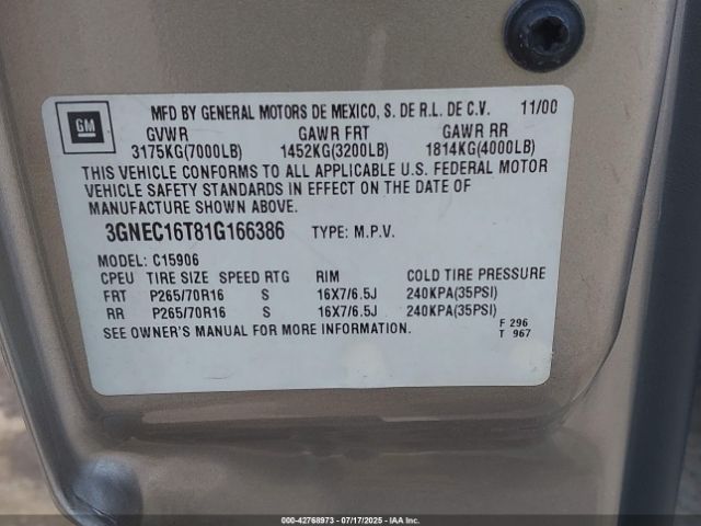 2001 CHEVROLET SUBURBAN 1500 3GNEC16T81G166386 Photo 8