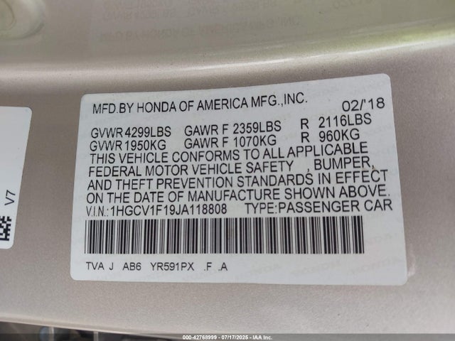 1HGCV1F19JA118808 Honda l15be