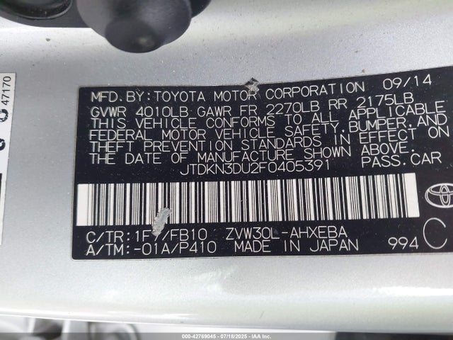 Toyota 2zr-fxe+3jm 2015 JTDKN3DU2F0405391 Image 9