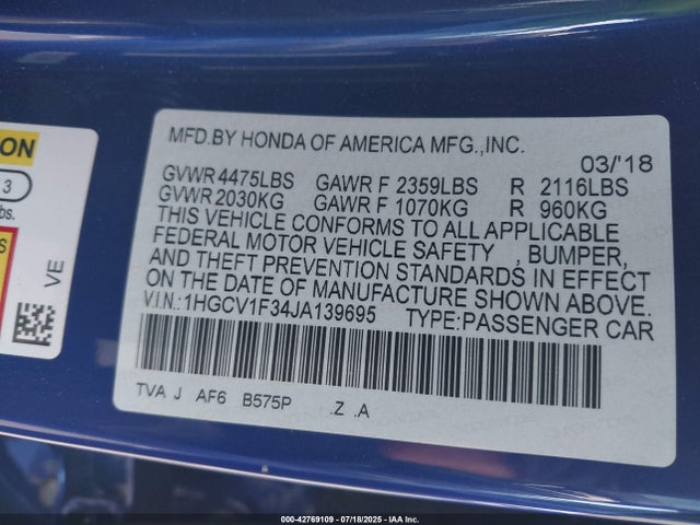 1HGCV1F34JA139695 Honda l15be