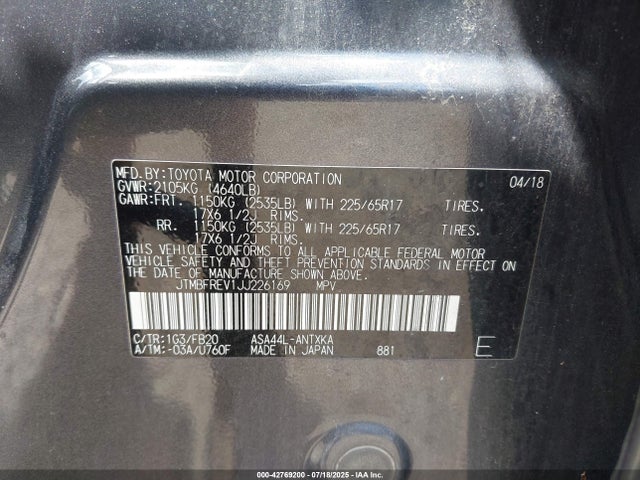 JTMBFREV1JJ226169 Toyota 2ar-fe