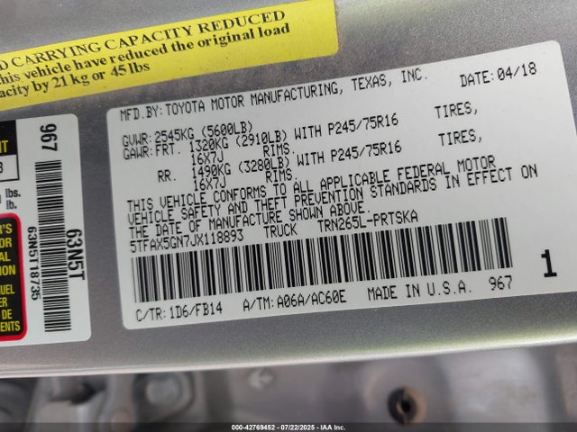 5TFAX5GN7JX118893 Toyota 2tr-fe