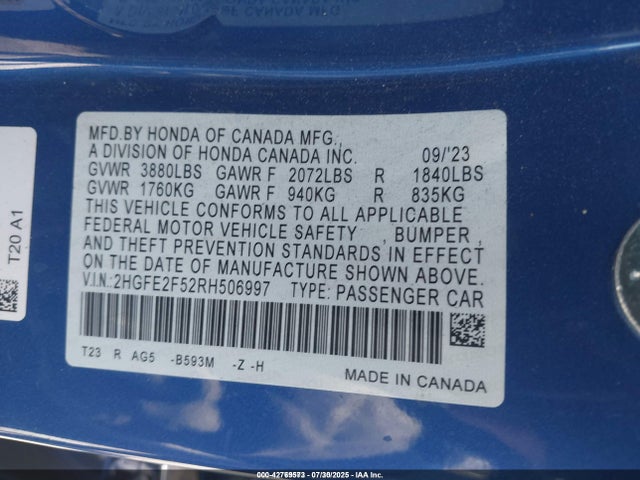 Honda k20c2 2024 2HGFE2F52RH506997 Image 9