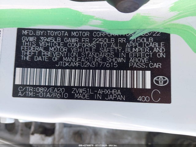 Toyota 2zr-fxe,1nm 2022 JTDKAMFU2N3177615 Image 9