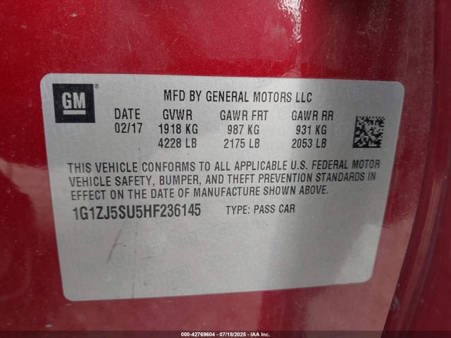 1G1ZJ5SU5HF236145 Chevrolet Lkn - Sidi: Spark Ignited Direct Injection, Vvt: Variable Valve Timing, Hybrid, Fam1, Gen4