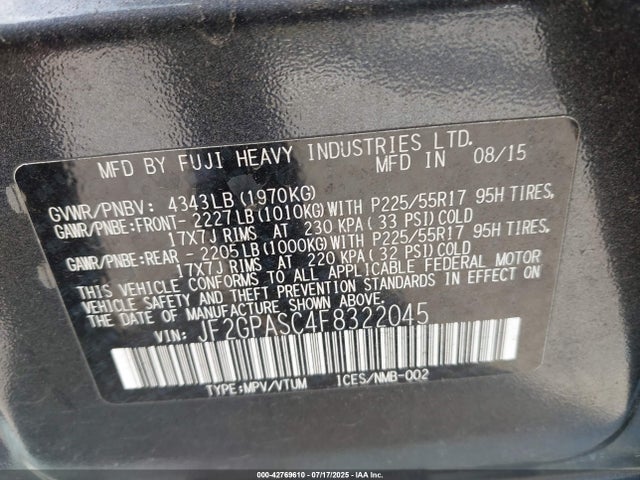 JF2GPASC4F8322045 Subaru 2.0l naturally aapirated