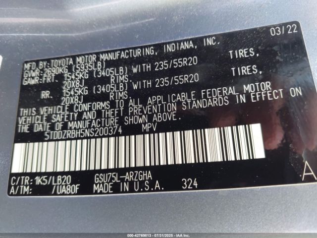 2022 TOYOTA HIGHLANDER 5TDDZRBH5NS200374 Photo 8