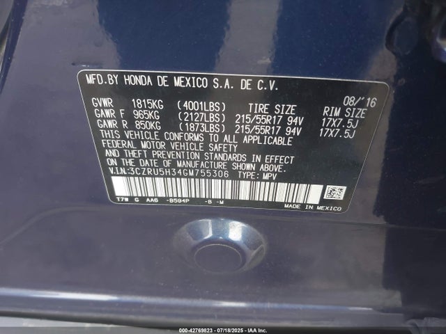 3CZRU5H34GM755306 Honda r18z9