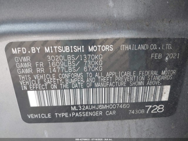 2021 MITSUBISHI MIRAGE ML32AUHJ6MH007460 Photo 8