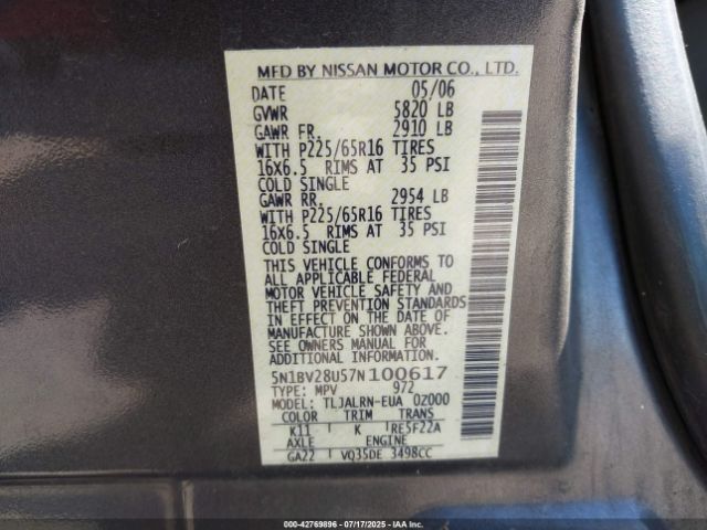 2007 NISSAN QUEST 5N1BV28U57N100617 Photo 8