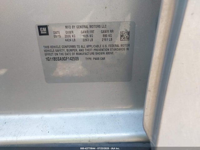 1G11B5SA9GF142509 Chevrolet lcv -sidi, dcvcp, vvt, dcvcp, e85 max, e0-e100, aluminum