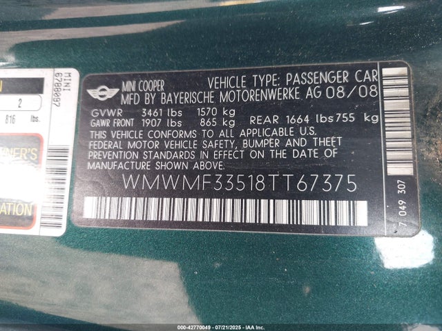 2008 MINI COOPER WMWMF33518TT67375 Photo 8