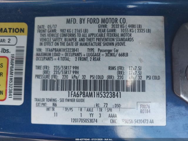 2017 FORD MUSTANG 1FA6P8AM1H5323841 Photo 8