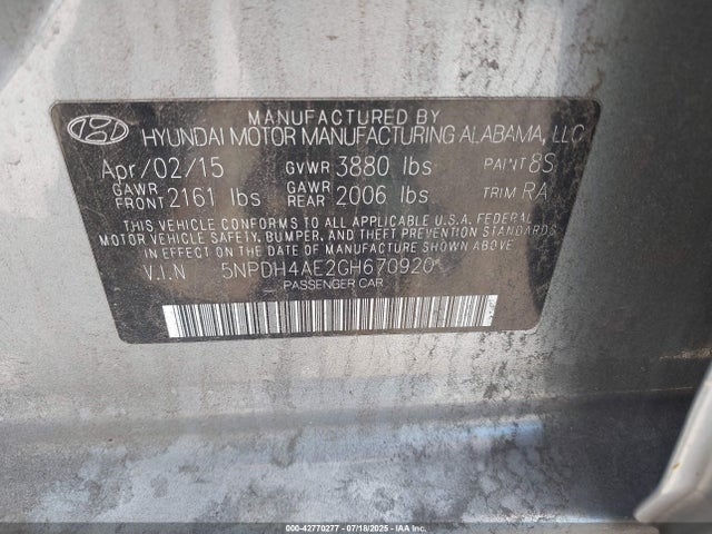 Hyundai dohc mpi nu 2016 5NPDH4AE2GH670920 Image 9