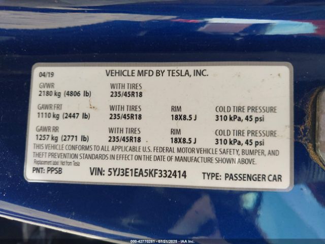 2019 TESLA MODEL 3 5YJ3E1EA5KF332414 Photo 8