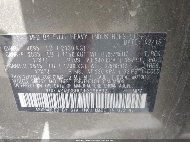 4S4BSBHC9F3296832 Subaru 2.5l u6
