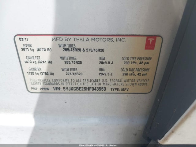 2017 TESLA MODEL X 5YJXCBE25HF043550 Photo 8
