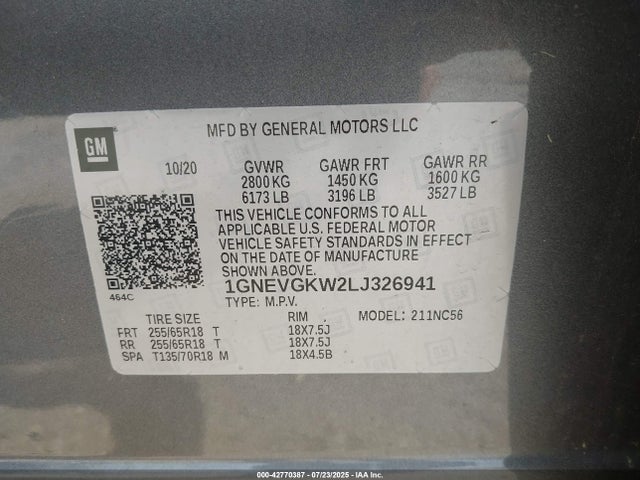 1GNEVGKW2LJ326941 Chevrolet lfy - spark ignited direct injection, atss, gen 1