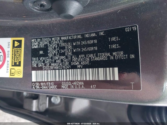 5TDZZRFH6KS316341 Toyota 2gr-fks