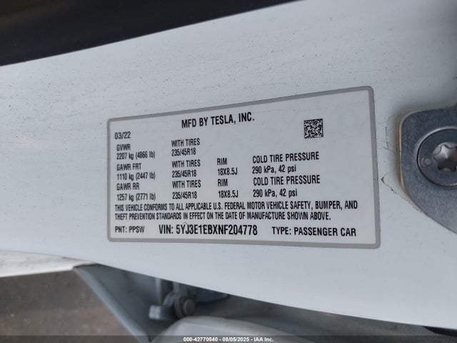 2022 TESLA MODEL 3 5YJ3E1EBXNF204778 Photo 8