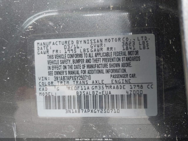 2016 Nissan Sentra მანქანა იყიდება აუქციონზე, vin: 3N1AB7APXGY250710, აუქციონის ნომერი: 42770629
