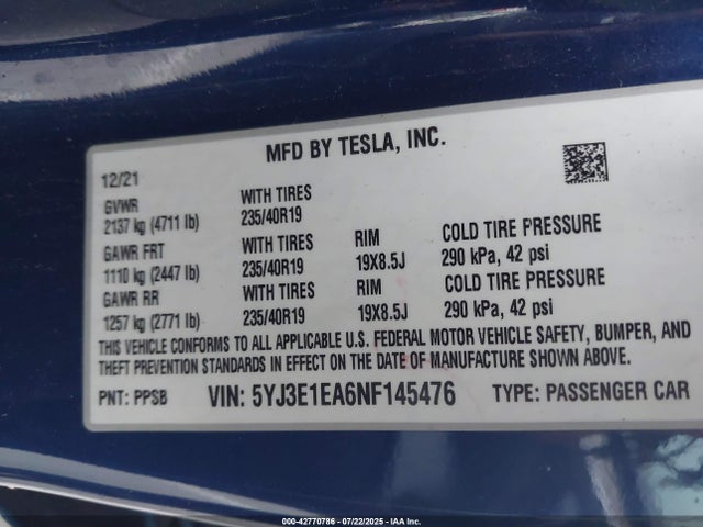 2022 TESLA MODEL 3 5YJ3E1EA6NF145476 Photo 8