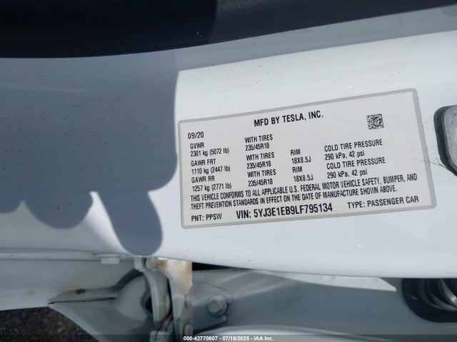 Tesla MODEL 3 2020 5YJ3E1EB9LF795134 Image 9