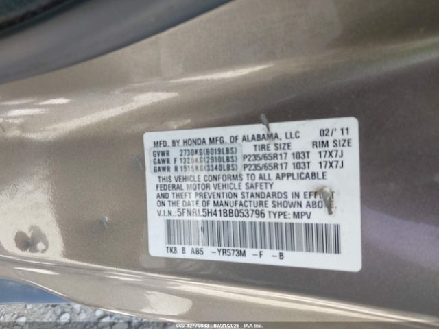 2011 HONDA ODYSSEY 5FNRL5H41BB053796 Photo 8