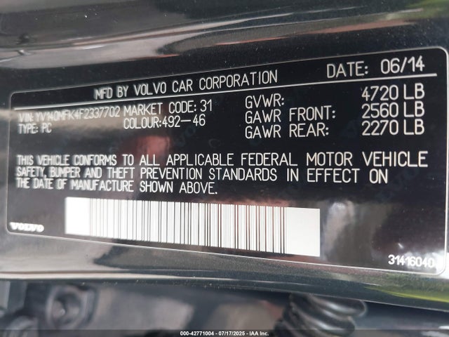 Aukcja sprzedaży 2015 Volvo S60 T5 Premier, vin: YV140MFK4F2337702, numer aukcji: 42771004