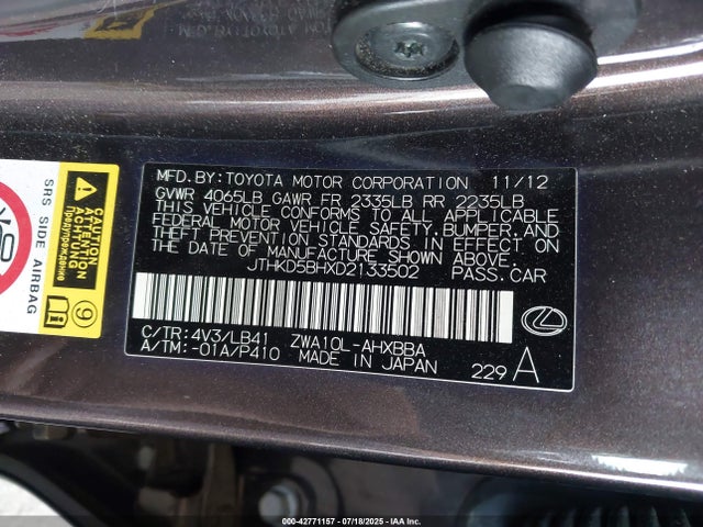 42771157 :رقم المزاد ، JTHKD5BHXD2133502 vin ، 2013 Lexus Ct 200h مزاد بيع