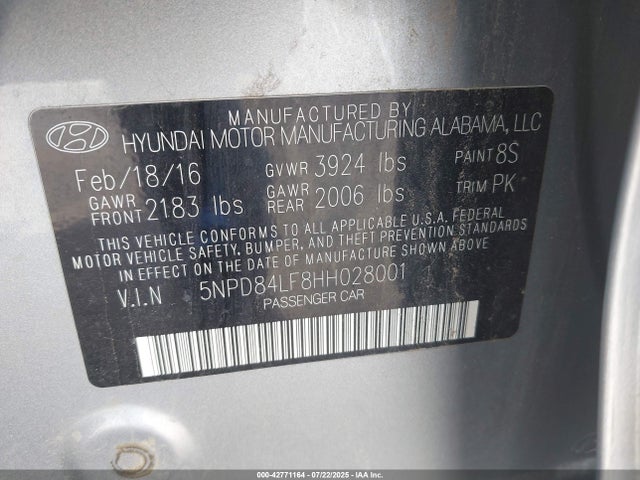 5NPD84LF8HH028001 Hyundai 2017